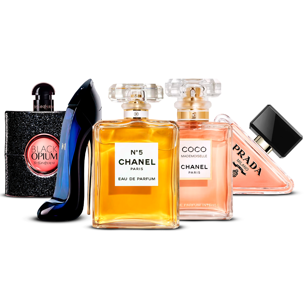 Conjunto de 5 Perfumes – Black Opium, Good Girl, Chanel N°5, Coco Mademoiselle e Prada Paradoxe [100 ml cada um]