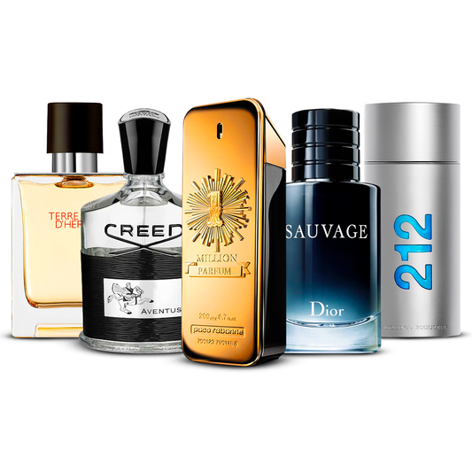 Conjunto de 5 Perfumes – Terre d'Hermès, Creed Aventus, 1 Million, Sauvage e 212 Men [100 ml cada um]
