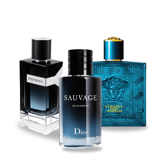 Conjunto de 3 perfumes Dior SAUVAGE, Yves Saint Laurent Y MEN e Versace EROS 100ml