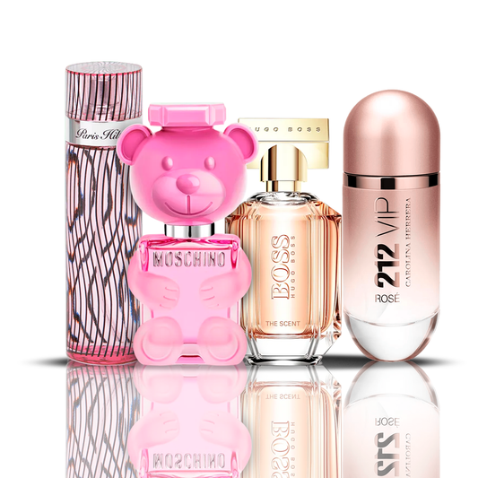 Conjunto de 4 Perfumes | 212 VIP Rose + Moschino Bubble Gum + Hugo Boss The Scent + Paris Hilton 100 ml